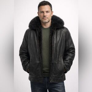 Andrew Marc Black Leather Bomber Jacket Detachable Fur Lined Men’s Small–Medium